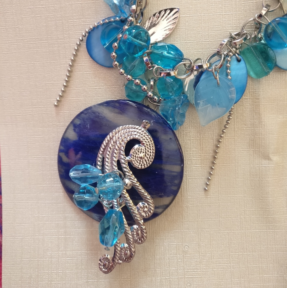 Blue Ribbon Peacock Necklace and Earrings Costume Jewelry Set